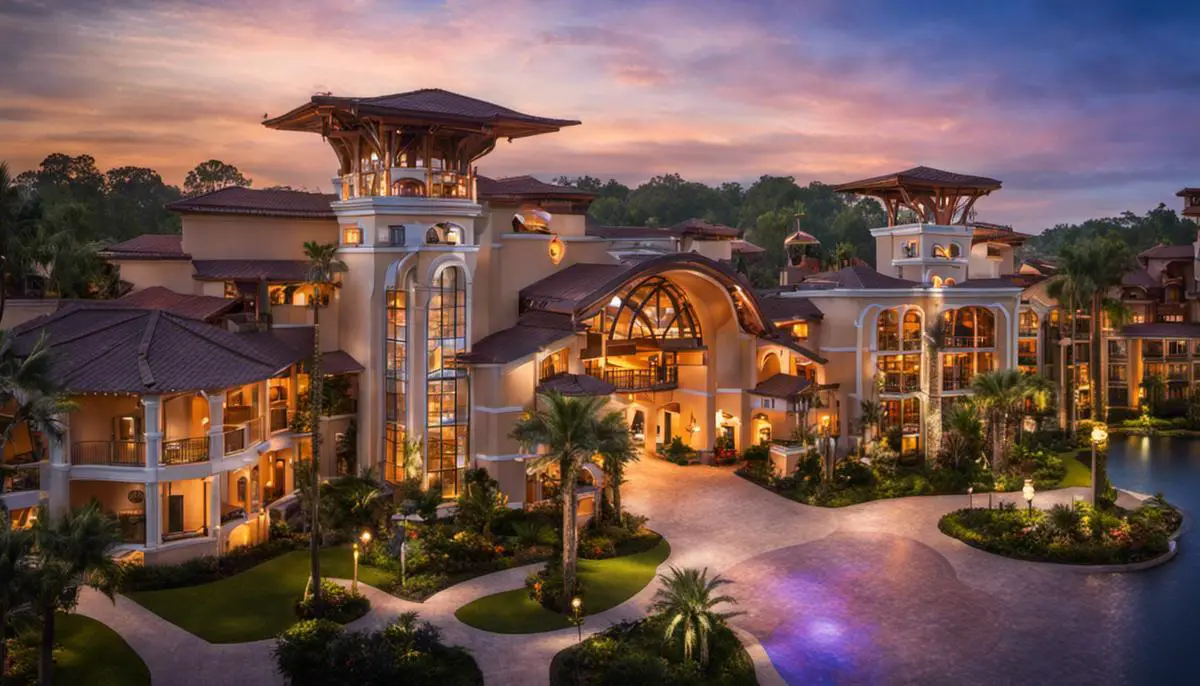 Imagen de un resort de Disney, que muestra la fachada y el paisaje circundante.