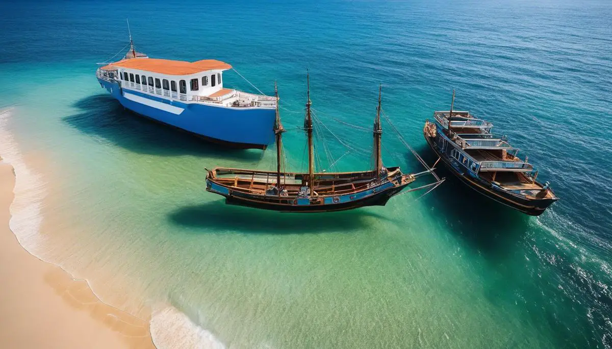 Foto de um passeio de barco na Flórida, mostrando um barco navegando por águas azul-turquesa e uma praia paradisíaca ao fundo