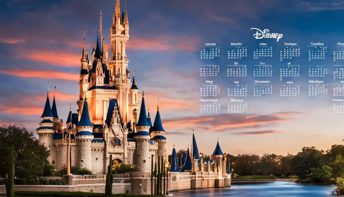 Image of a calendar with highlighted months and a Disney castle in the background, representing the best time to visit Disney.