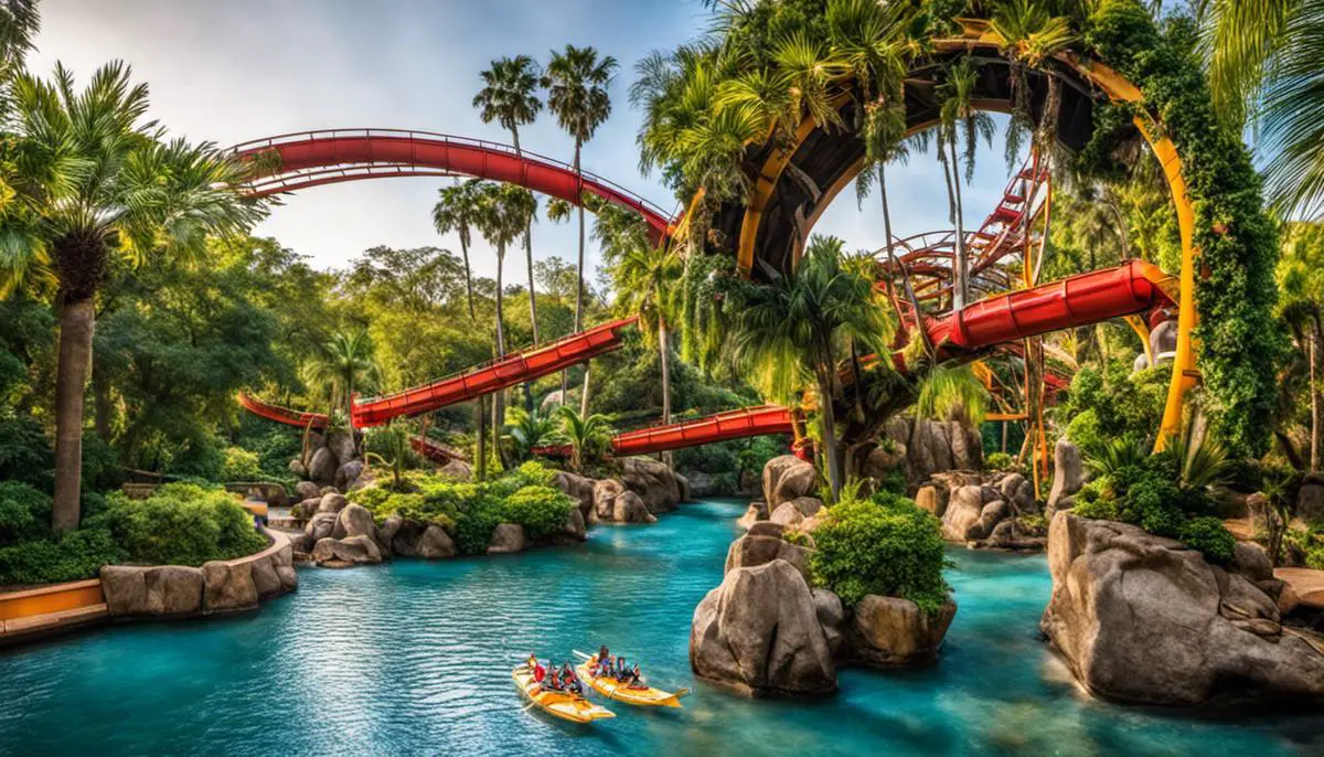 Imagem de um parque temático do Busch Gardens na Flórida, com montanhas-russas radicais e animais exóticos.