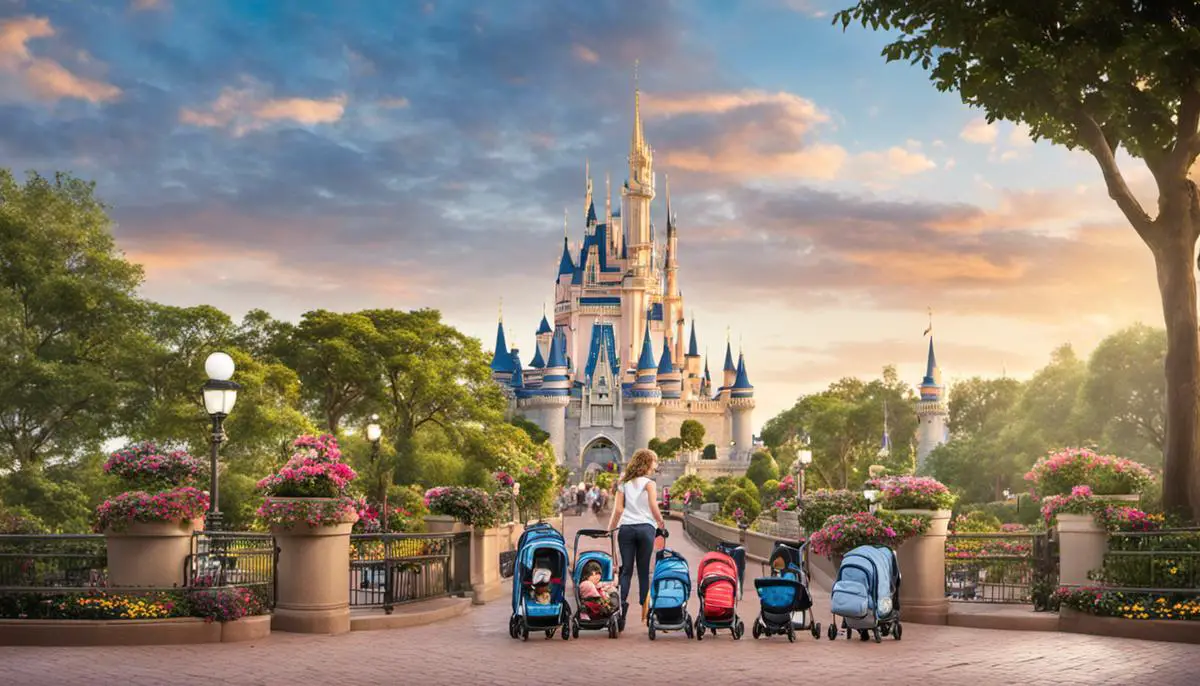 Bild eines Disney-Schilds mit den Richtlinien für Taschen mit gestrichelten Linien, das die maximalen Abmessungen für Rucksäcke und Kinderwagen anzeigt