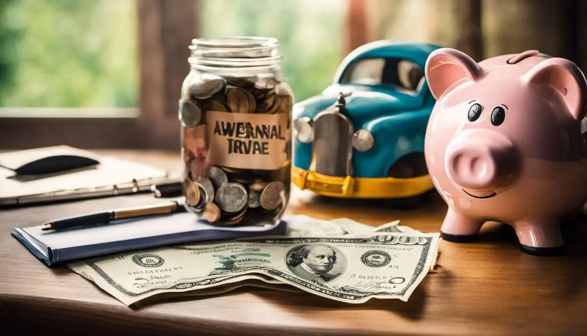 ディズニーへの旅行の計画にかかる費用を描いた画像。さまざまな出費と貯蓄を表す貯金箱が示されています。