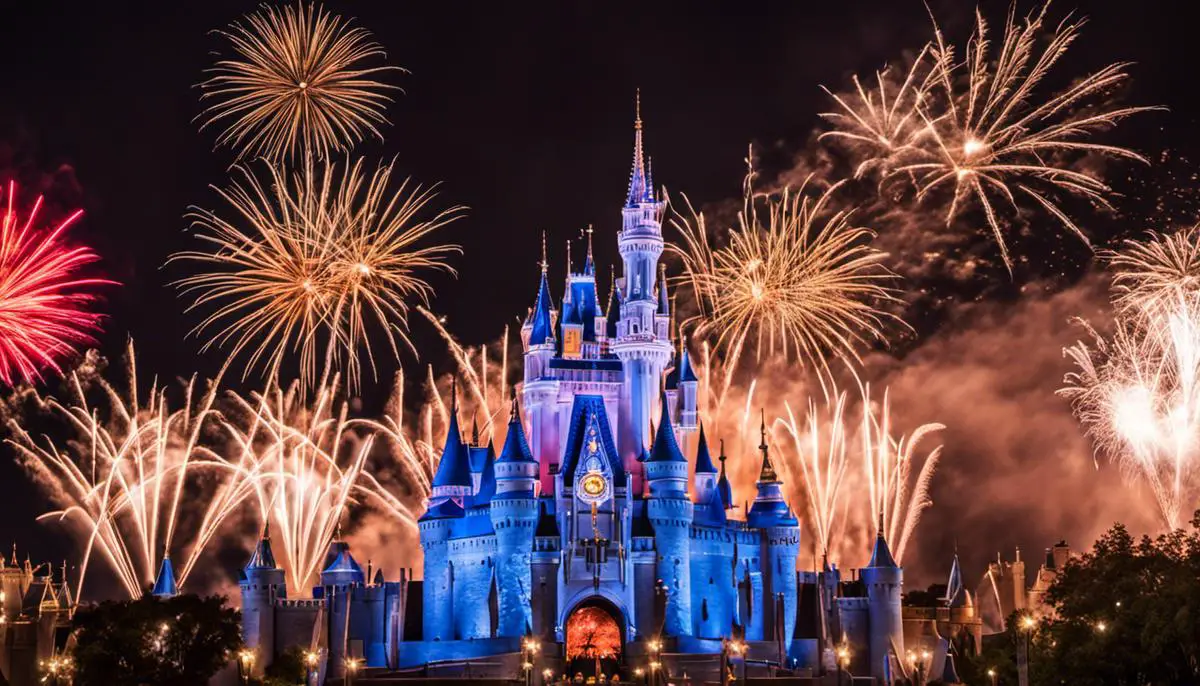 Image d'un château Disney avec des feux d'artifice en arrière-plan, représentant le coût d'un séjour dans les hôtels Disney.
