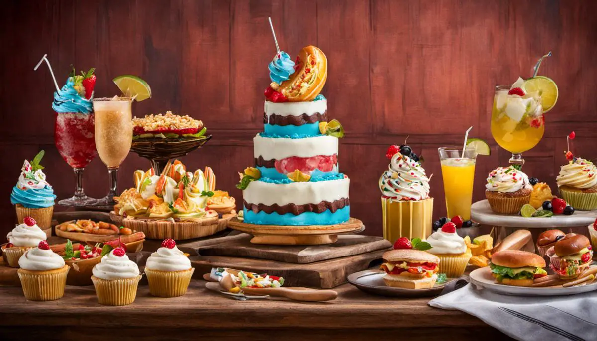 Eine Montage verschiedener Disney-Lebensmittel, darunter Cupcakes, Eis, Hot Dogs und Margaritas, die die vielfältigen kulinarischen Erlebnisse in Disney-Parks darstellen.