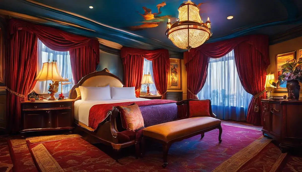 Bild eines Disney-Hotelzimmers mit thematischer Dekoration, das den Gästen das Gefühl gibt, in einem Disney-Film zu sein.