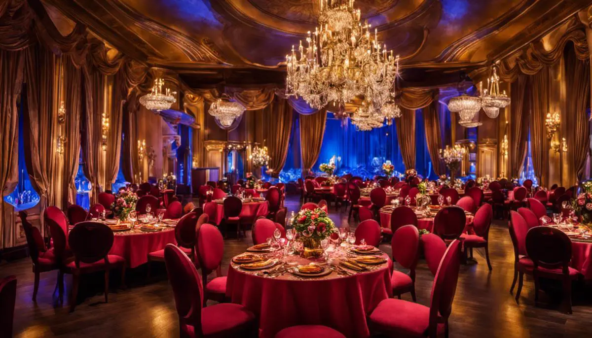 A imagem mostra uma mesa de jantar elegante em um ambiente mágico da Disney à noite.
