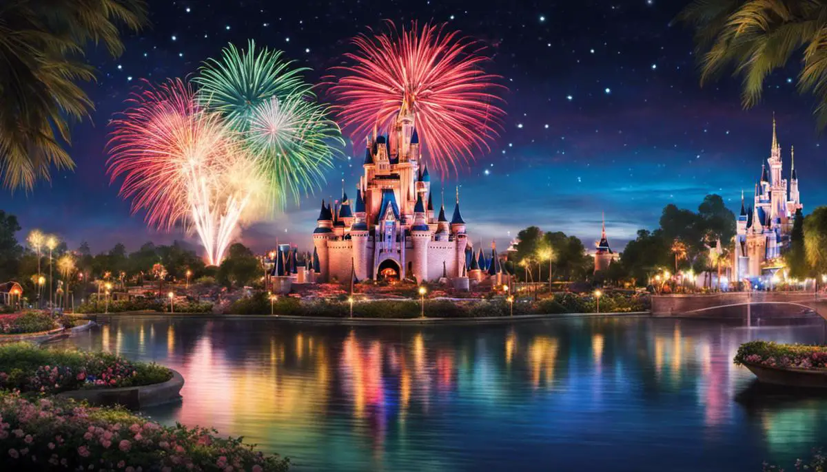 Una vista nocturna del parque temático de Disney con coloridos fuegos artificiales iluminando el cielo.