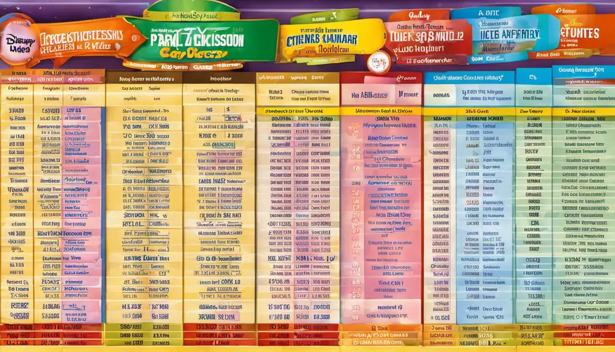 Une image montrant un tableau des prix des billets Disney et diverses options d'entrée au parc.