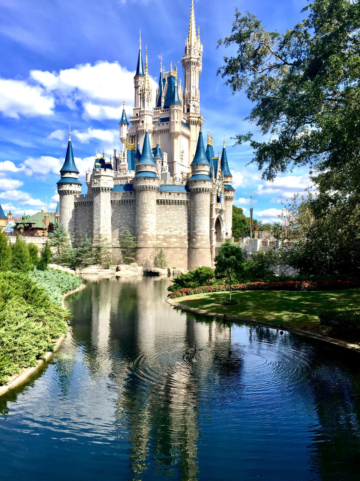 Stadtansicht eines Disney-Resorts mit Palmen und einem See