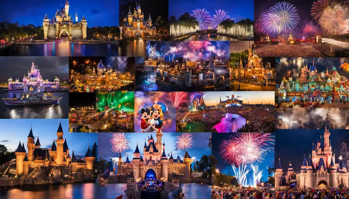 Descripción de la imagen: Un collage de los diferentes espectáculos de Disney, con coloridos desfiles, fuegos artificiales y castillos icónicos.