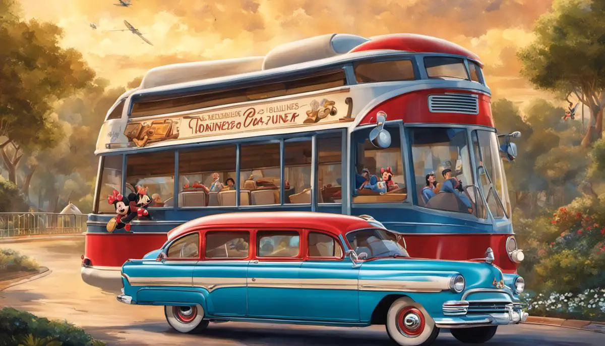 Illustration verschiedener Transportmittel bei Disney, darunter Busse, Einschienenbahn, Boote, Minnie Vans und Disney Skyliner.