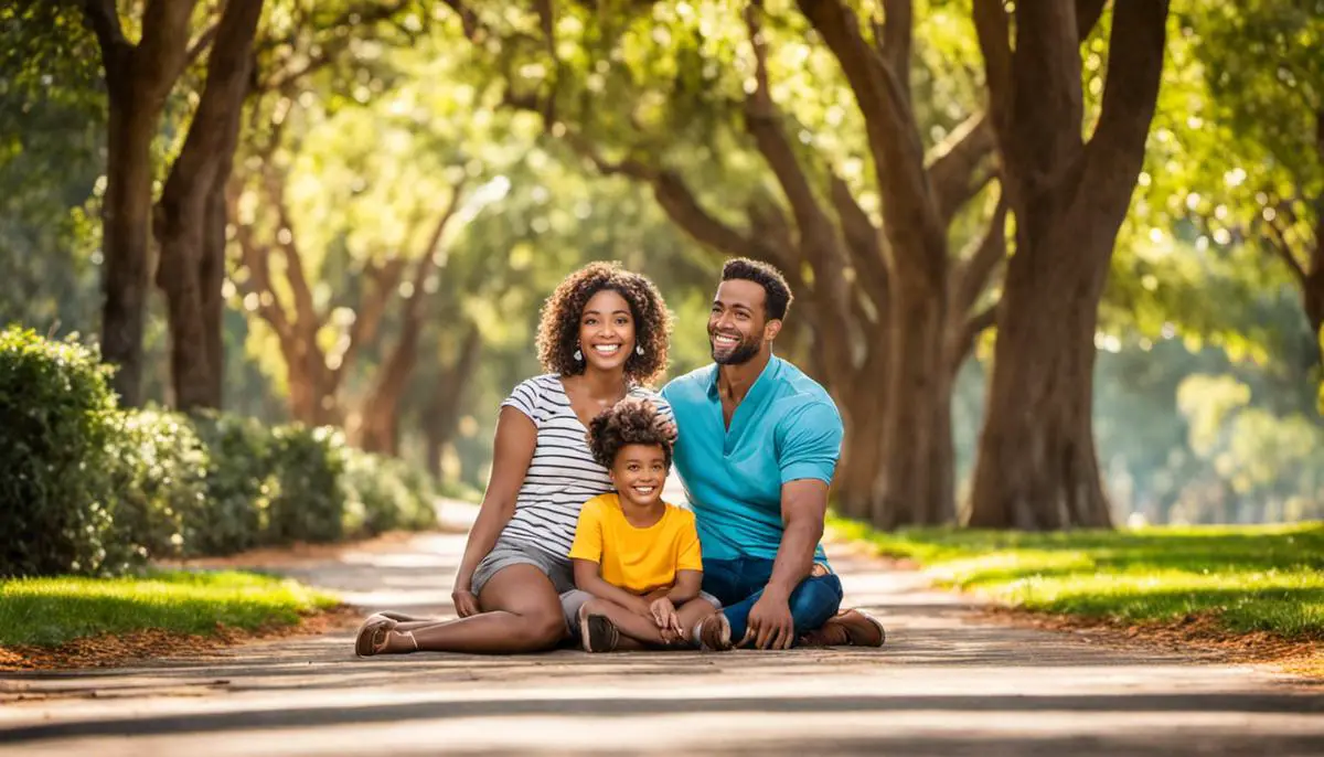 Imagem de uma família sorrindo enquanto caminha pelo parque da Disney