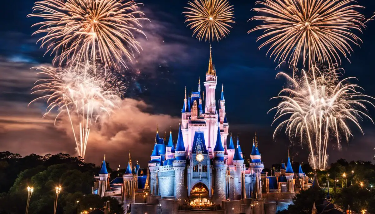 Disney World travel image - Aerial view of Cinderella Castle at Magic Kingdom with fireworks above it