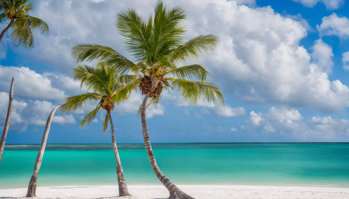 A serene image of the Florida beaches, with palm trees swaying in the wind, turquoise water, and white sand.