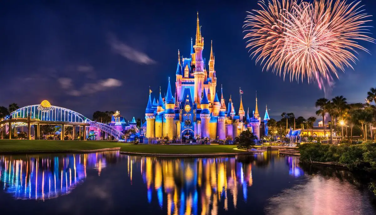 A night skyline of Florida's theme parks, showcasing the illuminated Cinderella Castle, fireworks, and vibrant atmosphere.