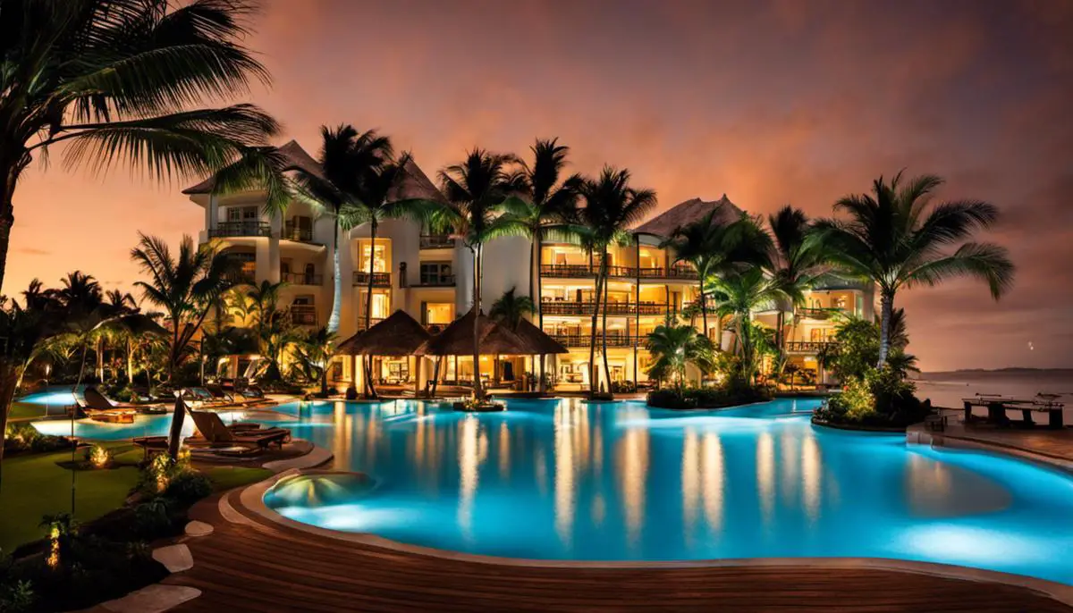 Uma imagem mostrando um dos resorts temáticos da Flórida com quartos coloridos e uma piscina incrível.