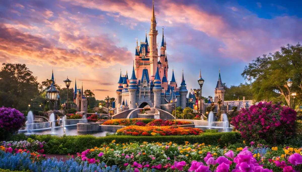 Image of the enchanting Magic Kingdom at Disney. The image shows Cinderella's Castle surrounded by colorful flowers and beautiful landscape.