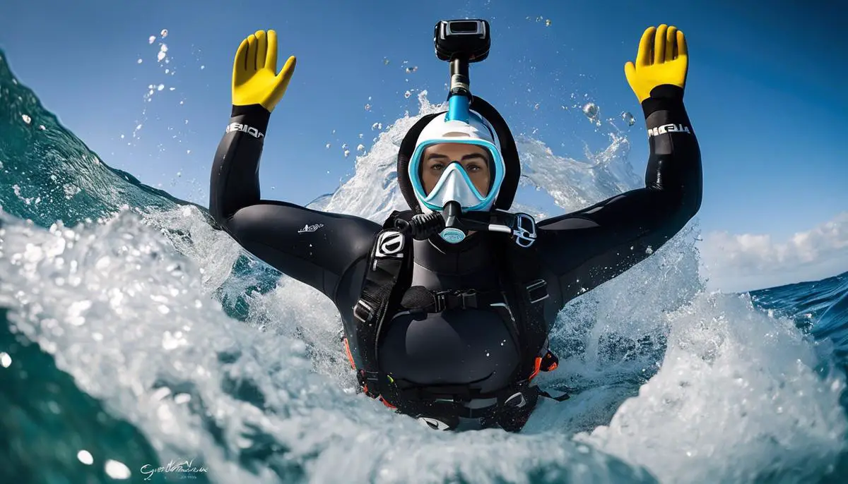 Uma imagem mostrando todos os equipamentos essenciais para mergulho alinhados em uma superfície, incluindo roupa de mergulho, máscara, snorkel, nadadeiras, garrafa de oxigênio, colete equilibrador, regulador, relógio de mergulho e câmera subaquática.