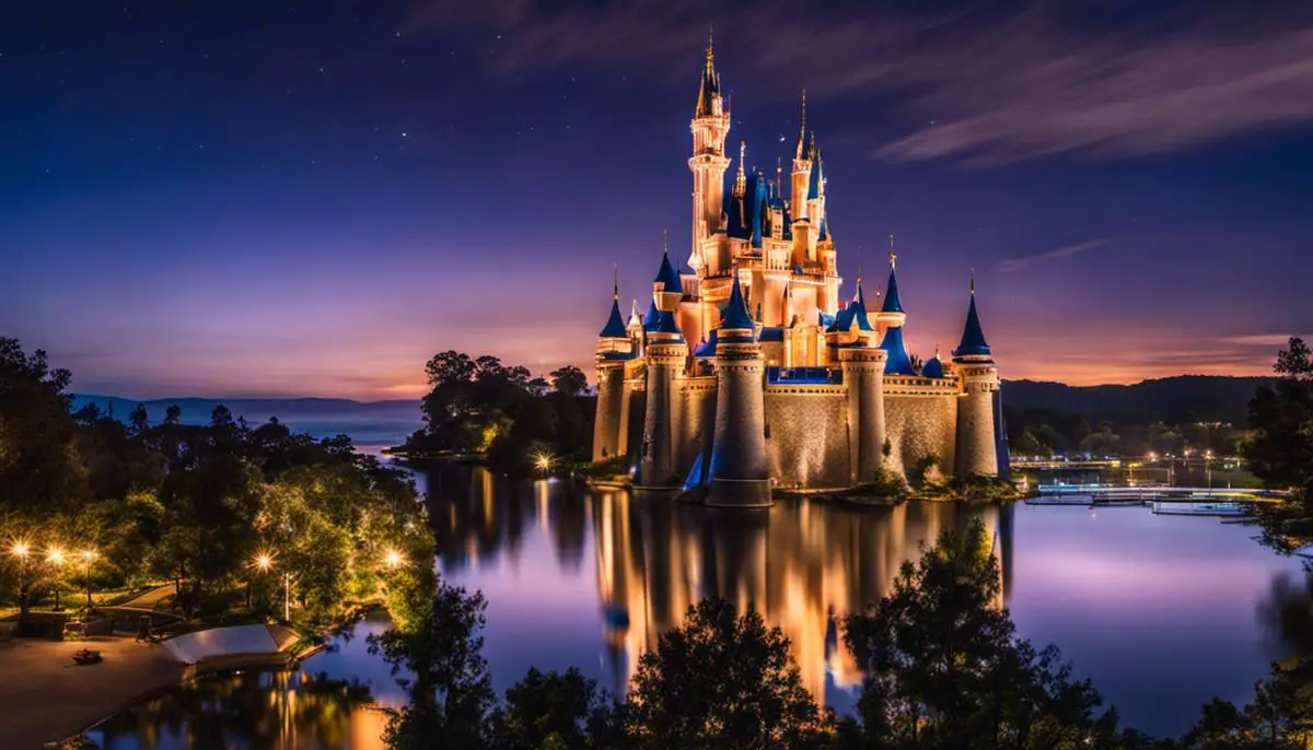 A picture of the Disney castle illuminated at night