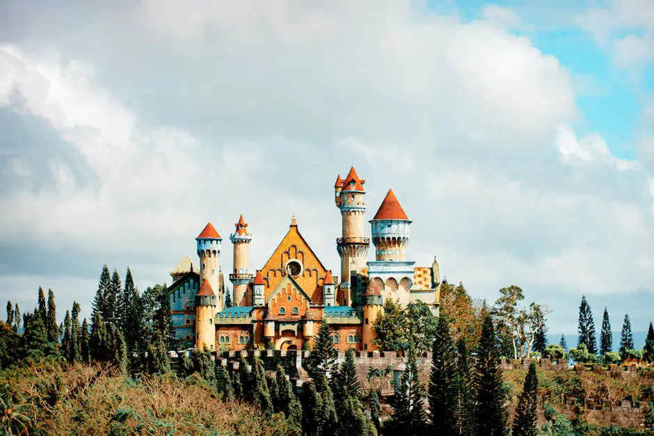 Imagem dos parques temáticos da Disney, mostrando o castelo de conto de fadas e algumas atrações