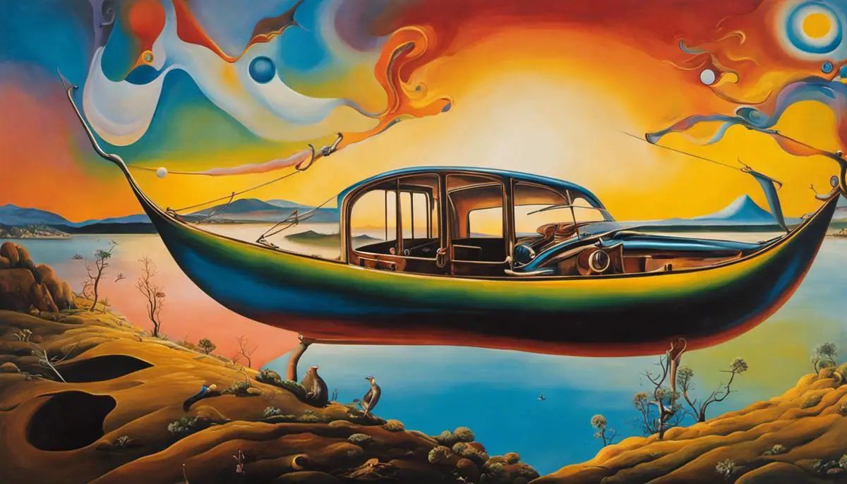 A imagem mostra uma pintura abstrata com cores vibrantes, formas distorcidas e elementos surrealistas. Representa uma obra inspirada na arte de Salvador Dalí, que é celebrada em São Paulo, Brasil.