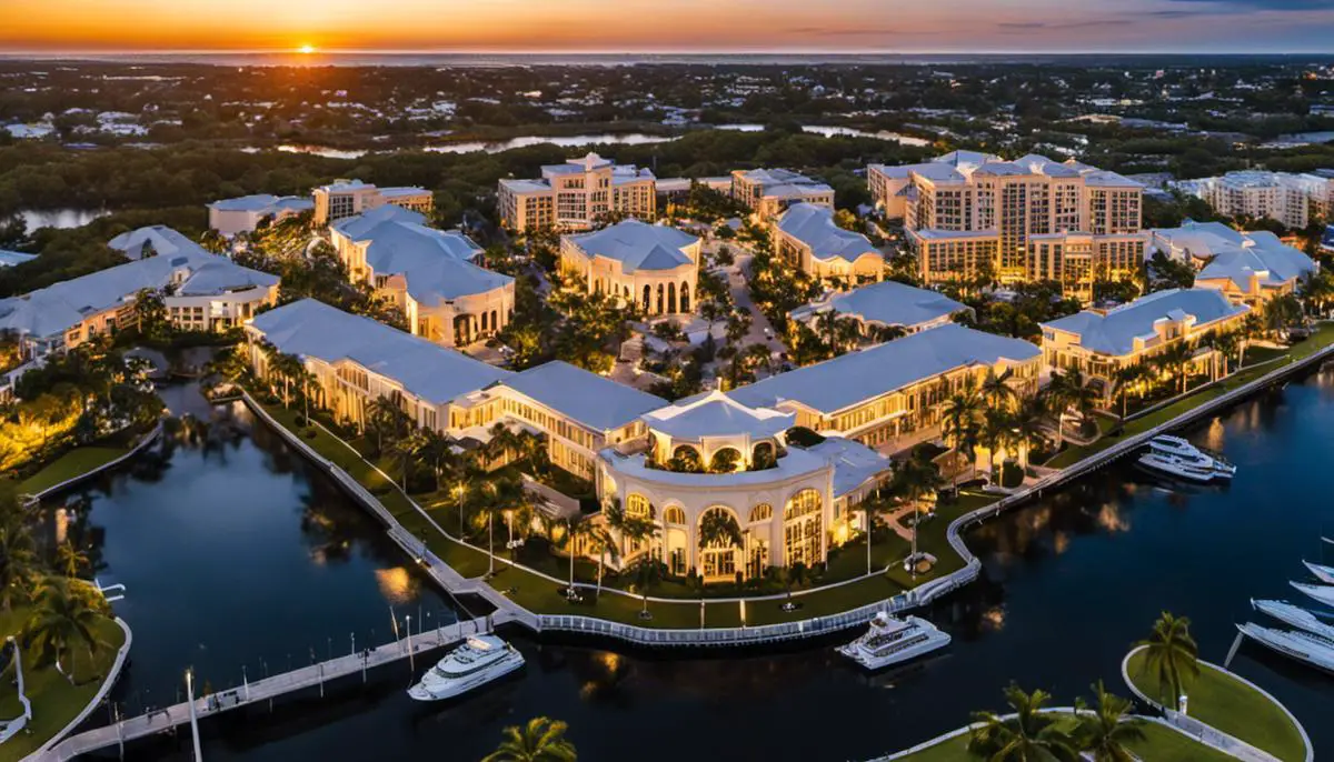 Vue aérienne de destinations shopping luxueuses en Floride, mettant en valeur une architecture à couper le souffle et des marques renommées