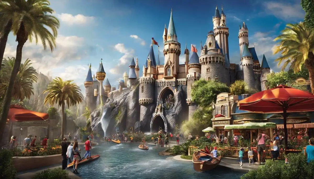 Imagem de um parque temático Universal Studios com montanhas-russas e público empolgado.